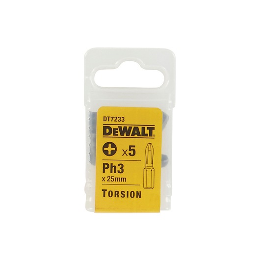 DeWalt DT7233 pack of 5 PH3 25mm torsion screwdriver bits in clear plastic box.