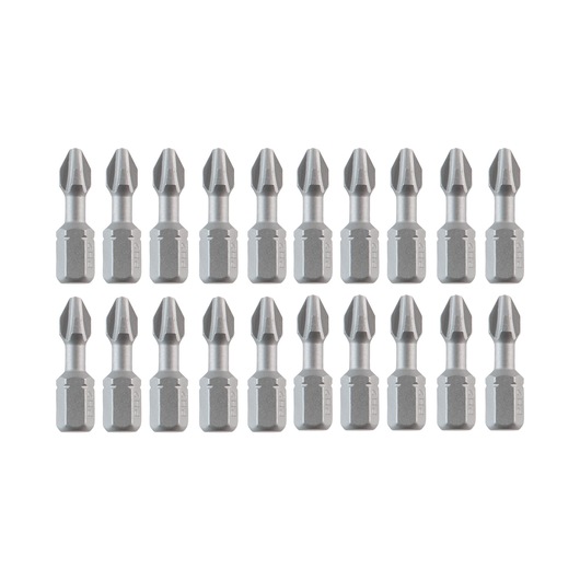 Set of twenty DEWALT screwdriver bits arranged in two rows against a white background.