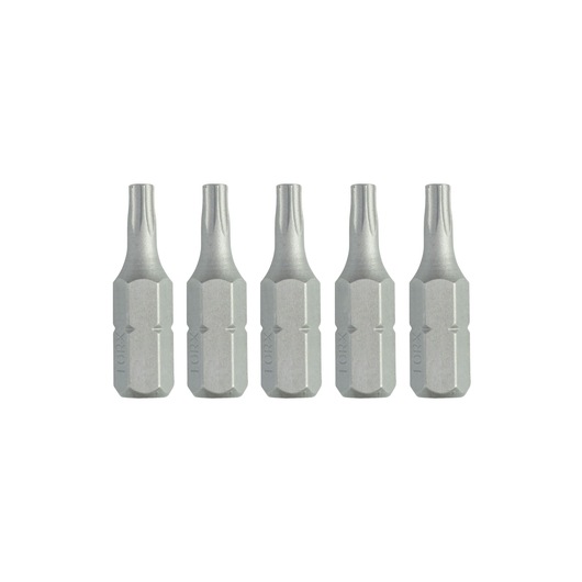 Set of five DEWALT Torx screwdriver bits arranged in a row, silver color, hex base.