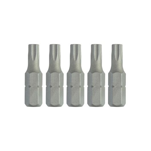 Five silver DEWALT screwdriver bits are displayed in a row on a white background.