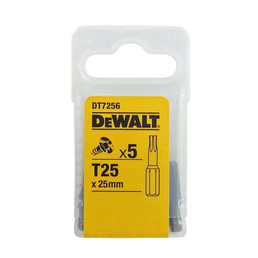 DEWALT DT7256 T25 x 25mm screwdriver bits in a clear plastic box, pack of 5.