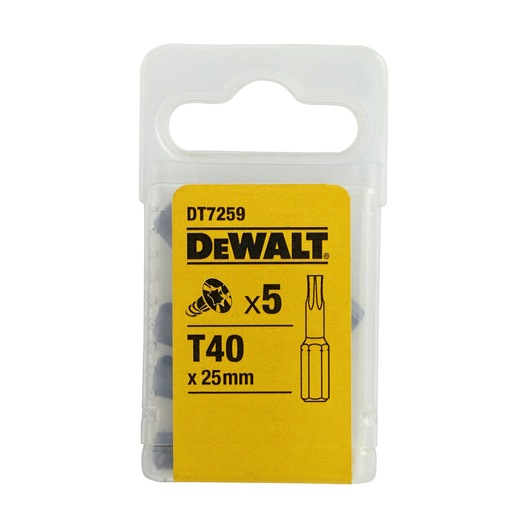 DEWALT DT7259 pack with five T40 x 25mm screwdriver bits in a clear plastic case with yellow label.