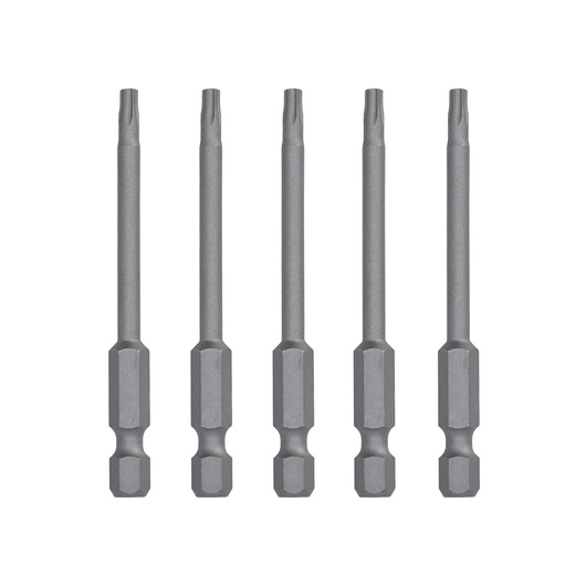 Five DEWALT DT7291 long screwdriver bits shown in a row, gray steel with hex shanks for power tools.