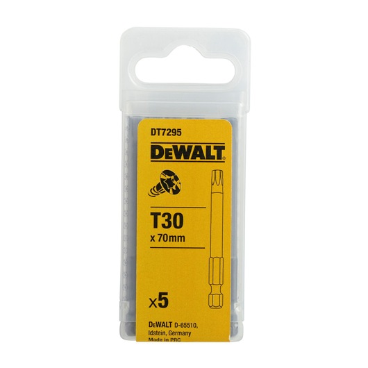 DEWALT DT7295 T30 x 70mm screwdriver bits pack of 5 in yellow plastic packaging.