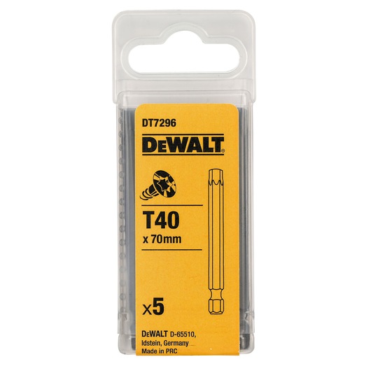 DEWALT T40 x 70mm bits pack, SKUs DT7296, DT7296-QZ. Photography category. Contains 5 pieces.