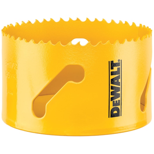 DEWALT hole saw for photography, yellow, SKUs DT8267, DT8267-QZ, circular with sharp teeth.