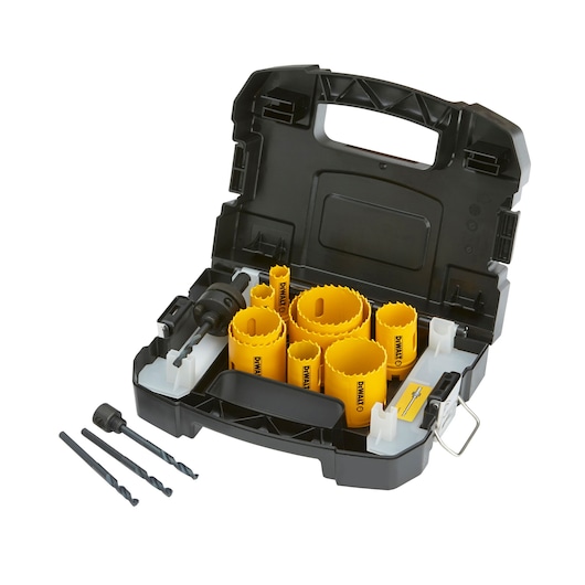 DEWALT hole saw kit with yellow saws and drill bits in a black carrying case.