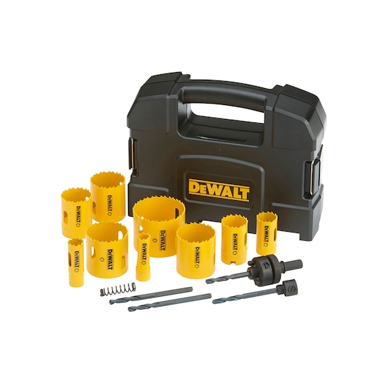 DEWALT hole saw kit with yellow saws, drills, accessories, and black carry case.