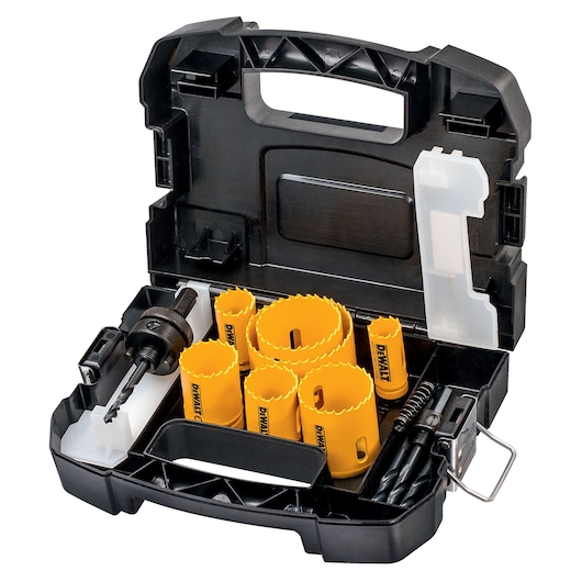 DEWALT yellow hole saw kit in a black case with drills and accessories organized inside.