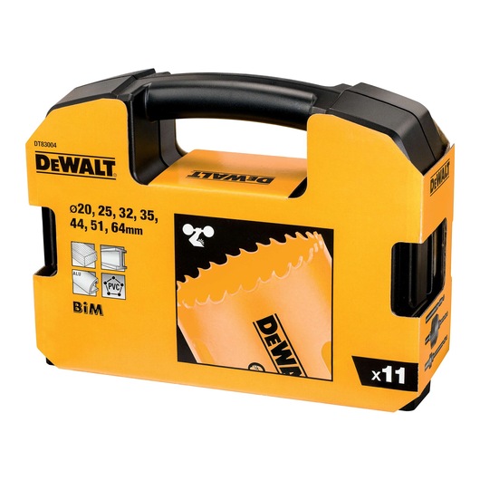 DEWALT DT83004 hole saw set in yellow case with handle, includes 11 saws for metal and PVC, sizes listed on box.