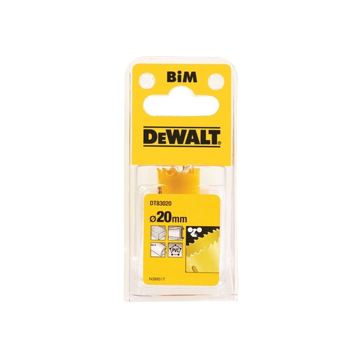 DEWALT DT83020 BiM hole saw, 20mm diameter, for metal and plastic. Yellow packaging with brand logo.