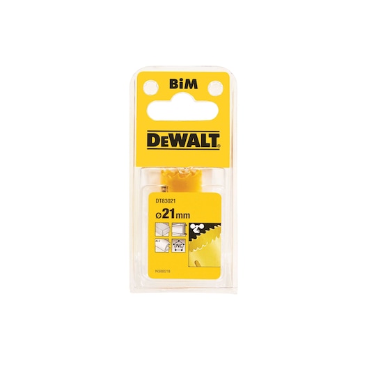 DEWALT DT83021 BiM hole saw blade in packaging, 21mm diameter for metal, wood, PVC.