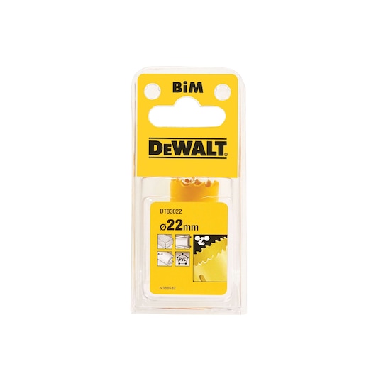 DEWALT DT83022 hole saw in packaging, 22mm size, for cutting metal, PVC, and wood materials.