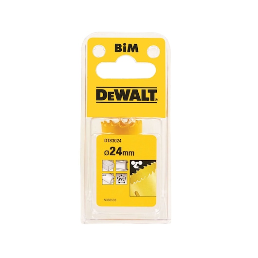 DEWALT BiM hole saw DT83024, 24mm, in clear packaging, for cutting metal, plastic, or wood.