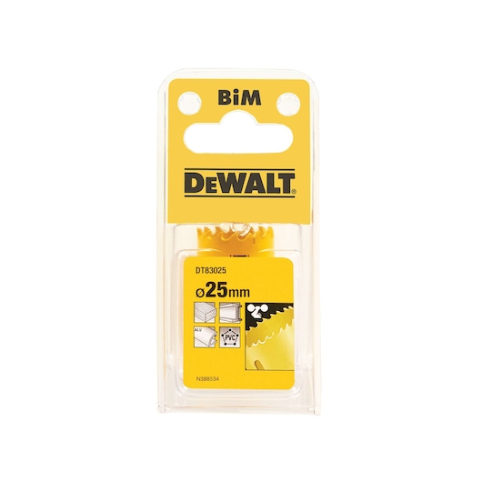 DEWALT DT83025 hole saw in packaging, 25mm diameter, suitable for metal, PVC, wood and aluminum.