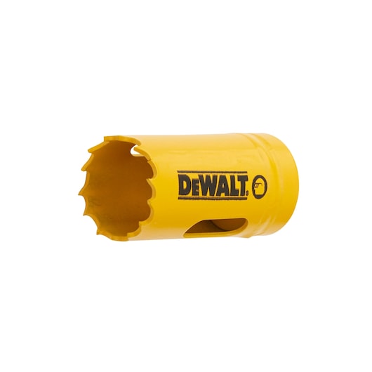 Yellow DEWALT hole saw for drilling, with serrated edge and logo, designed for use with power tools.
