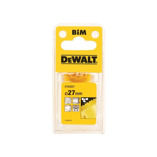 DEWALT DT83027 BiM holesaw in yellow packaging, 27mm diameter, for metal, wood, plastic materials.