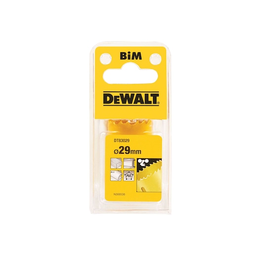 DEWALT BiM holesaw DT83029, 29mm diameter, in yellow packaging for cutting metal, wood, PVC.