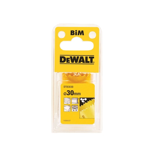 DEWALT DT83030 BiM hole saw in packaging, 30mm diameter, for metal, PVC, and aluminum cutting.