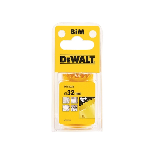 DEWALT DT83032 BiM hole saw, 32mm diameter, in yellow retail packaging for cutting metal and PVC.