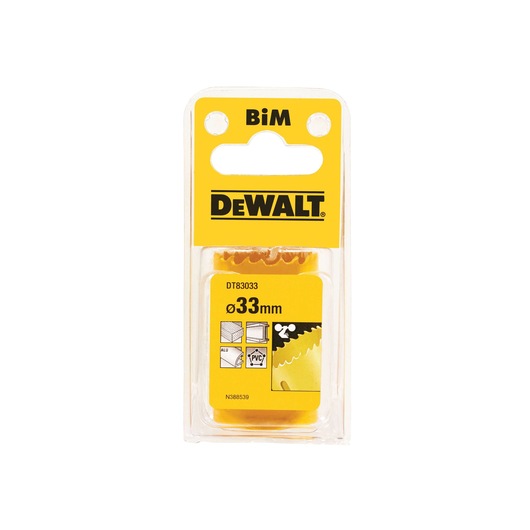DEWALT DT83033 33mm hole saw in yellow packaging for cutting materials like metal, wood, and PVC.
