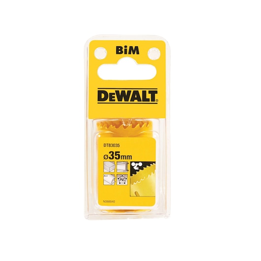 DEWALT DT83035 35mm hole saw in yellow packaging for cutting wood, aluminum, PVC materials.