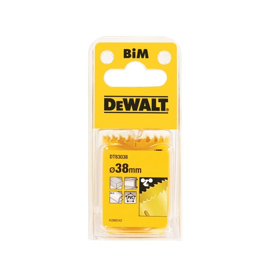 DEWALT 38mm BiM hole saw DT83038 in yellow packaging for cutting metal, wood, aluminum, and PVC.