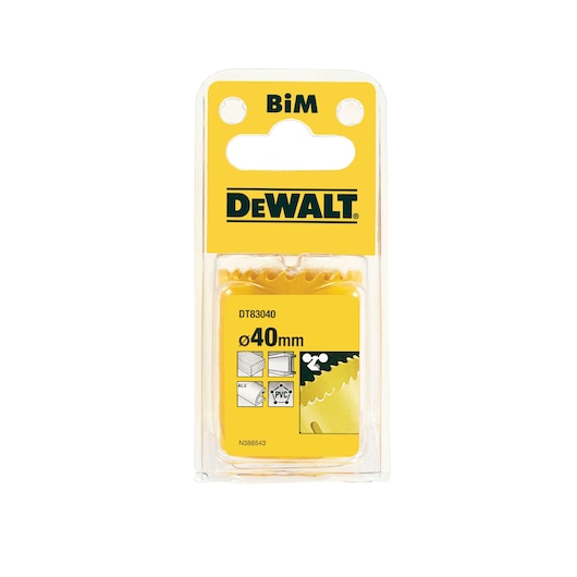 DEWALT DT83040 BiM hole saw in packaging, diameter 40mm, for wood, metal, and PVC cutting.