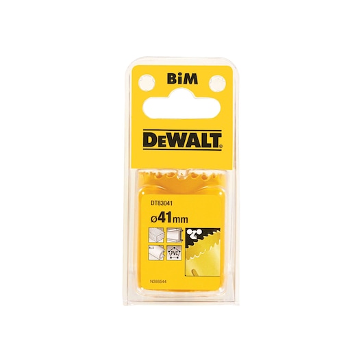 DEWALT BiM hole saw DT83041 in packaging, diameter 41mm, suitable for wood, PVC, and aluminum.