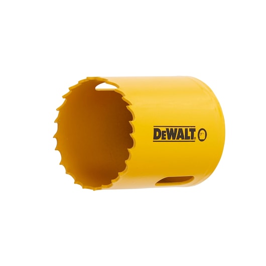 Yellow DEWALT hole saw tool with sharp teeth, used for cutting circular holes in materials.