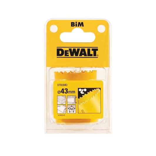 DEWALT DT83043 BiM hole saw, 43mm diameter, for metal and PVC, in yellow retail packaging.