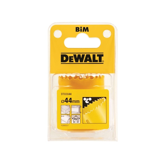 DEWALT DT83044 hole saw, 44mm, in packaging for cutting metal, aluminum, and PVC materials.