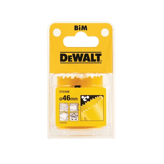 DEWALT DT83046 46mm holesaw in packaging for cutting metal, wood, PVC. BIM construction, yellow color.