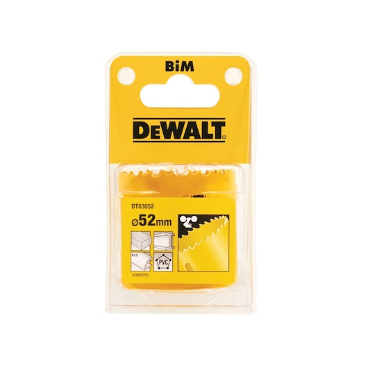 DEWALT DT83052 52mm holesaw for cutting metal, wood, and PVC. Packaged in yellow plastic.