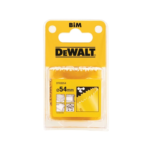 DEWALT DT83054 BiM hole saw, 54mm diameter, in retail packaging for cutting aluminum and PVC.