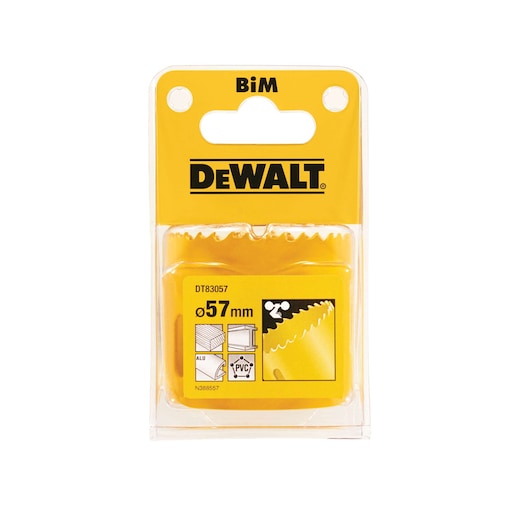 DEWALT DT83057 57mm BiM hole saw in yellow packaging for cutting aluminum and PVC materials.