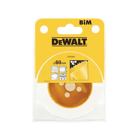 DEWALT DT83060 60mm hole saw in yellow packaging for cutting aluminium and PVC.