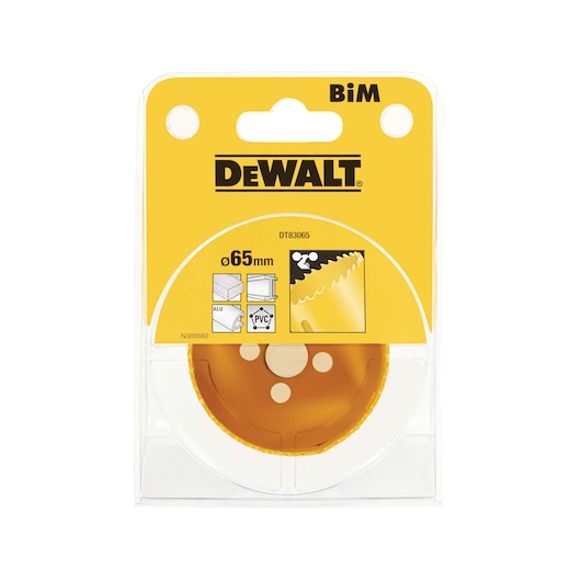 DEWALT DT83065 65mm BiM holesaw in yellow packaging for cutting metal and PVC.