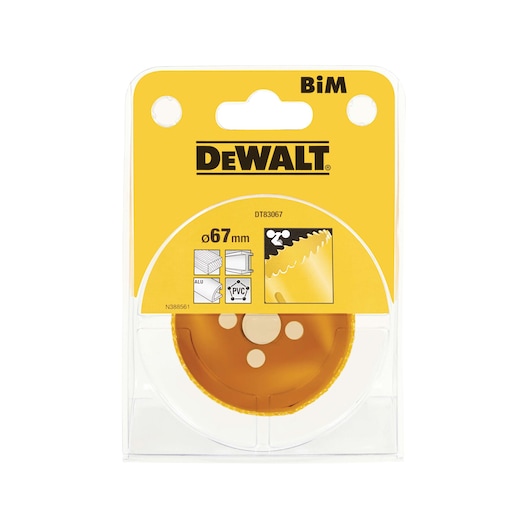 DEWALT DT83067 67mm hole saw in yellow packaging for cutting aluminum and PVC.