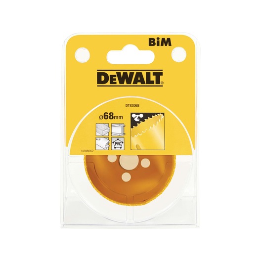 DEWALT DT83068 BiM hole saw in 68mm packaging for aluminum and PVC material cutting.