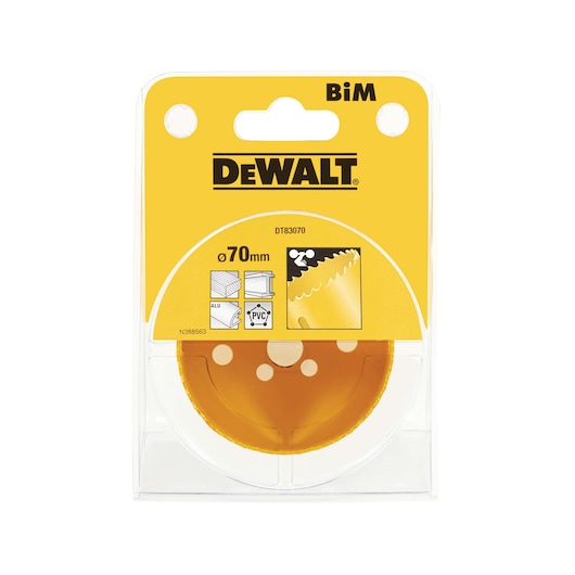 DEWALT DT83070 BiM 70mm blade in yellow packaging, suitable for cutting aluminum and PVC materials.