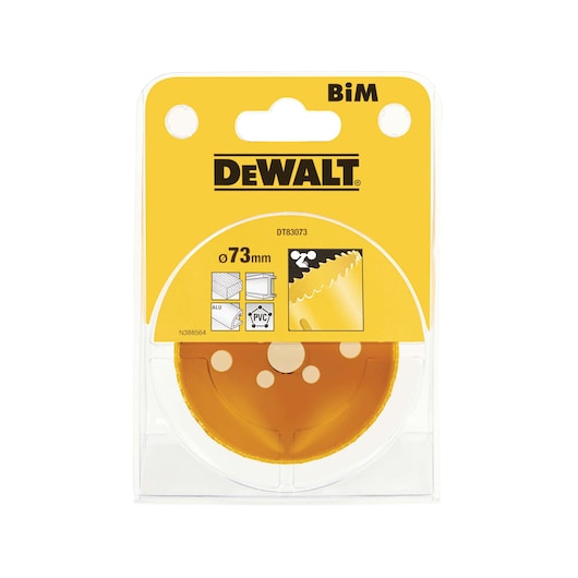DEWALT 73mm BiM saw blade in yellow packaging for cutting aluminum and PVC.