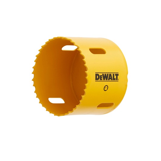 Yellow DEWALT hole saw with jagged edge, used for cutting holes in materials. DEWALT logo visible.