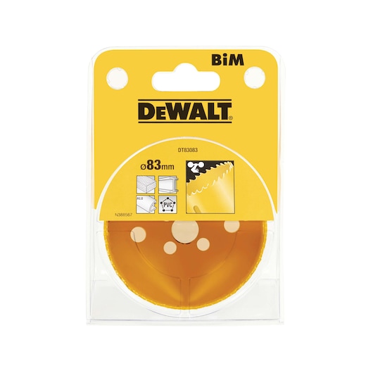DEWALT DT83083 BiM saw blade, 83mm, in yellow packaging for cutting metal, PVC, and aluminum.