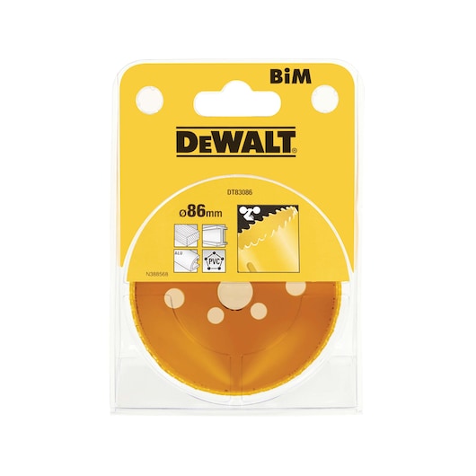 DEWALT DT83086 BiM 86mm saw blade in yellow packaging for cutting aluminum and PVC.