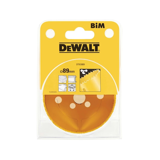 DEWALT DT83089 Bi-metal holesaw in 89mm size, packaged in yellow and clear plastic for metal and PVC cutting.