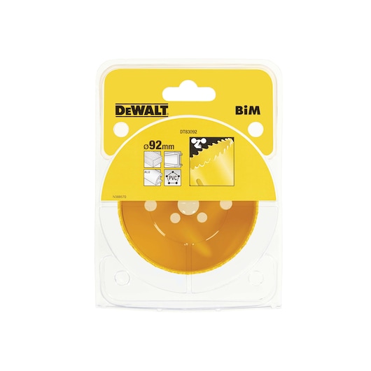 DEWALT DT83092 92mm hole saw in yellow packaging for cutting metal, aluminum, and PVC materials.