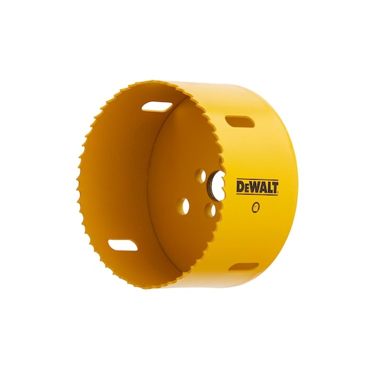 Yellow DEWALT hole saw with sharp teeth for cutting holes in materials, shown on white background.