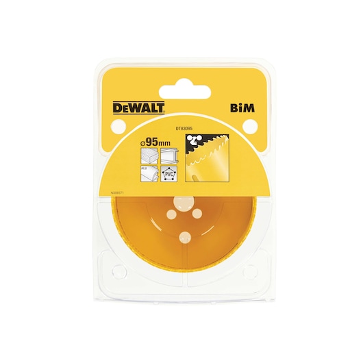DEWALT DT83095 95mm BiM hole saw in package, for cutting aluminium and PVC.
