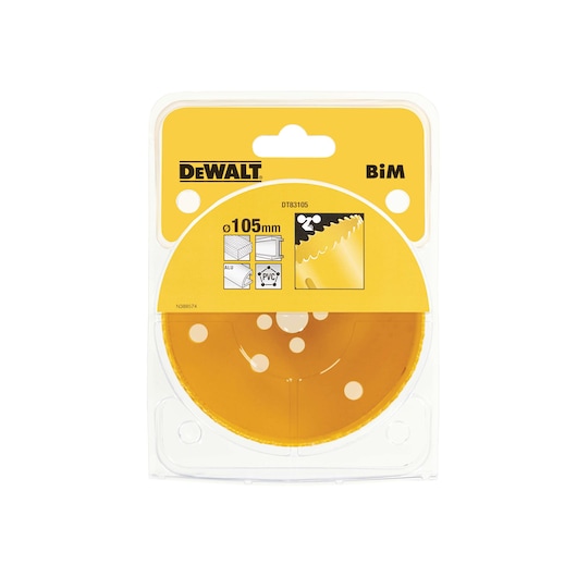 DEWALT DT83105 105mm saw blade in yellow packaging, suitable for aluminum and PVC cutting.
